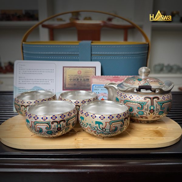 Set 5 – Bộ Ấm Chén Sứ Vẽ Tay Mạ Bạc Cao Cấp (SMV-1-4C)